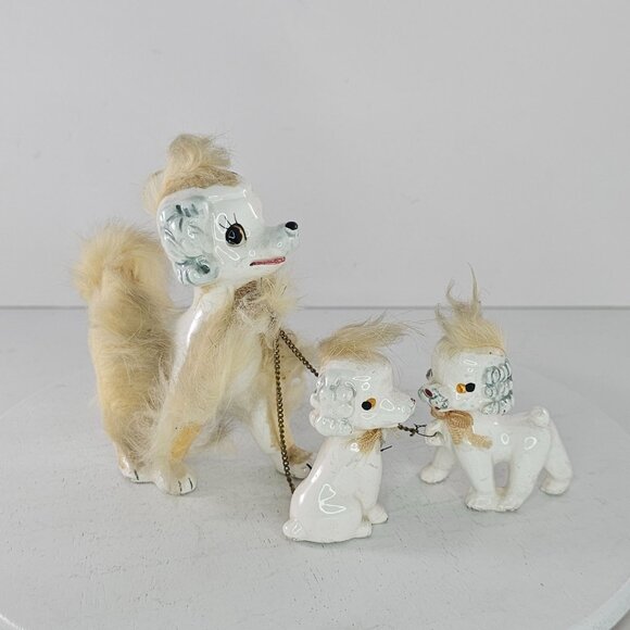 Vintage Ceramic Poodle Family Figurines Chain Fur Accents Japan - Picture 2 of 8
